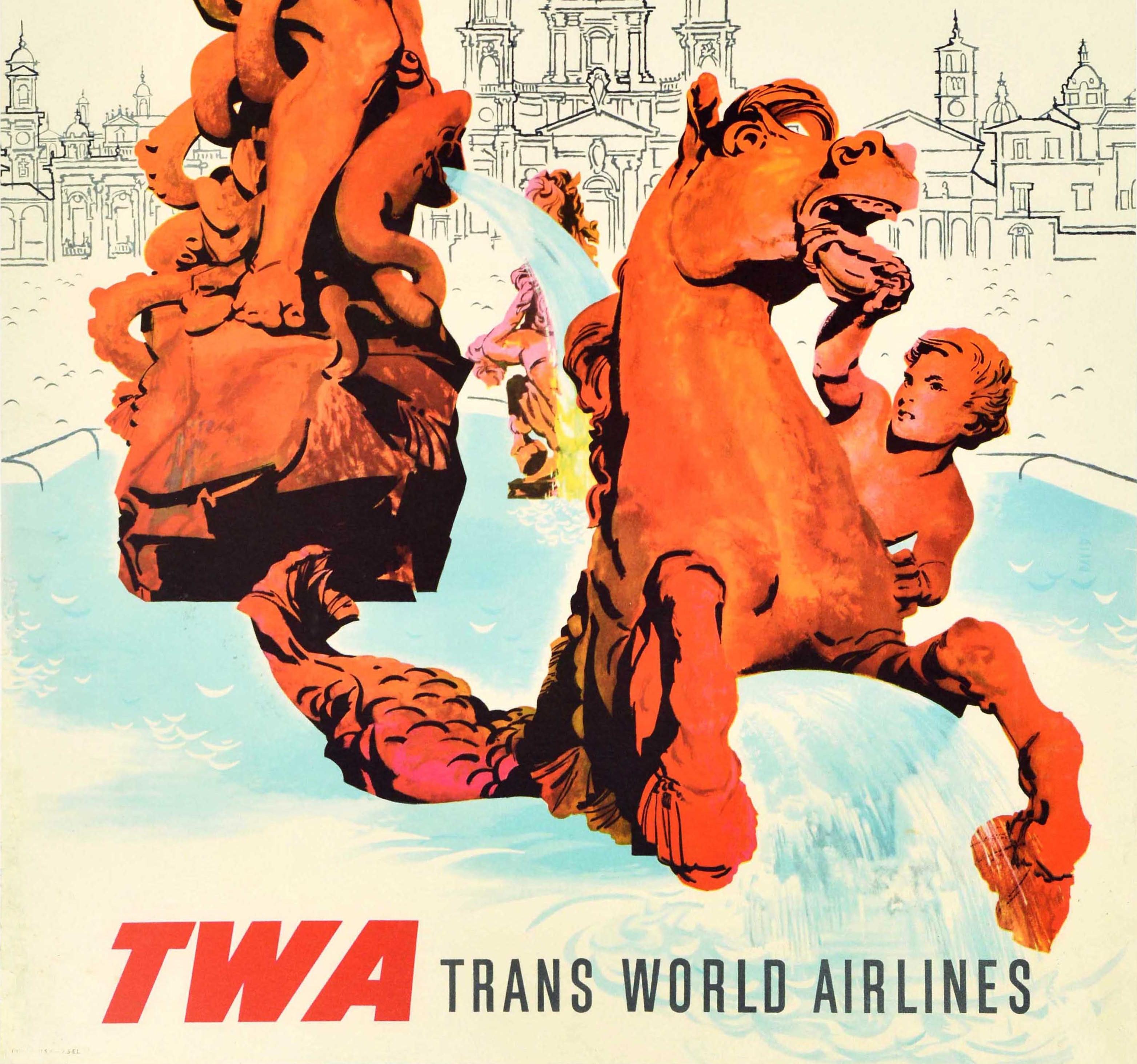 Original vintage travel advertising poster for Rome via TWA Trans World Airlines featuring a colourful design by the notable American artist David Klein (1918-2005) depicting the historic Fountain of Neptune / Fontana del Nettuno in the foreground
