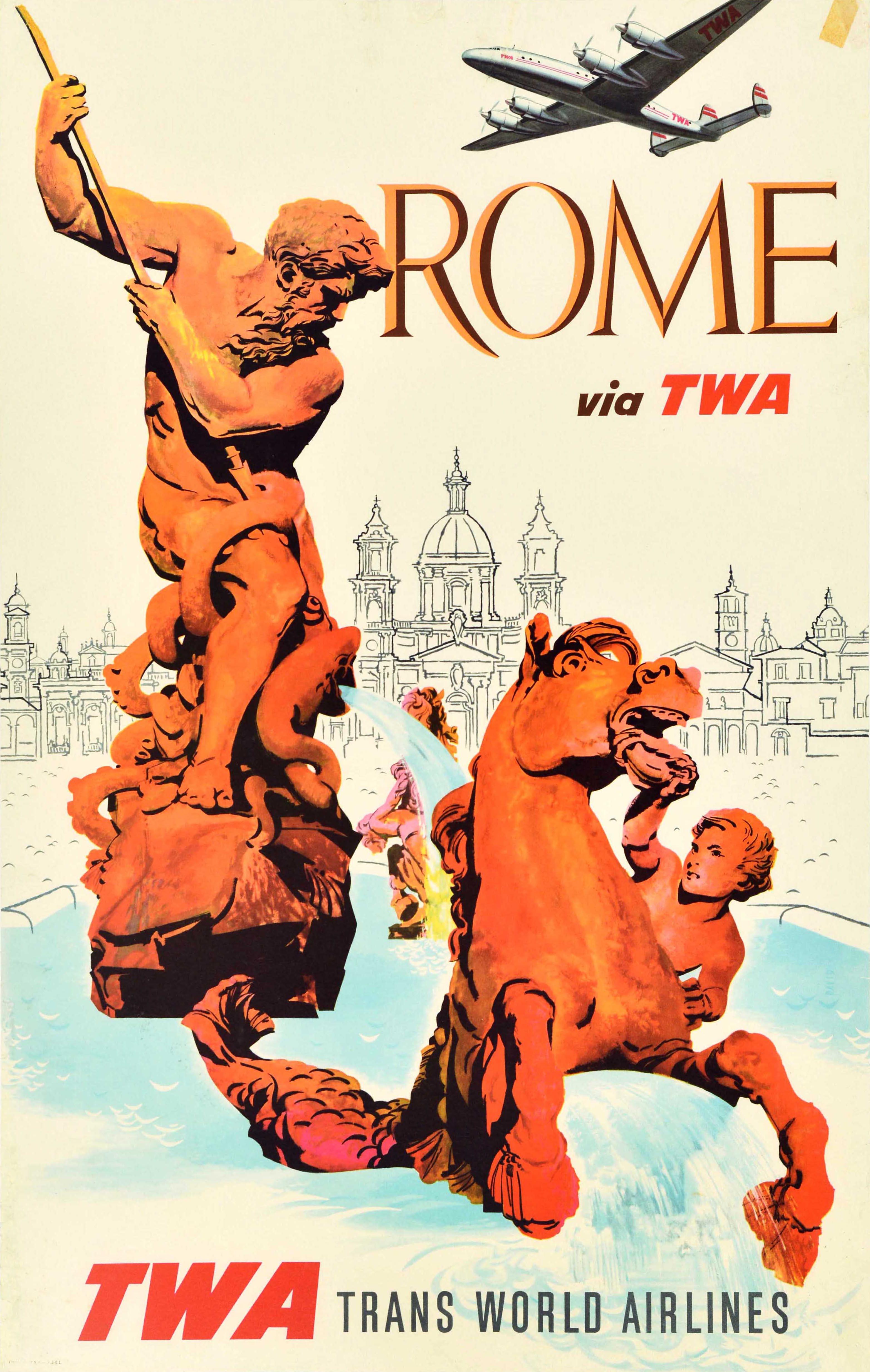 David Klein Print - Original Vintage Travel Poster Rome Via TWA Neptune Fountain City Skyline Italy