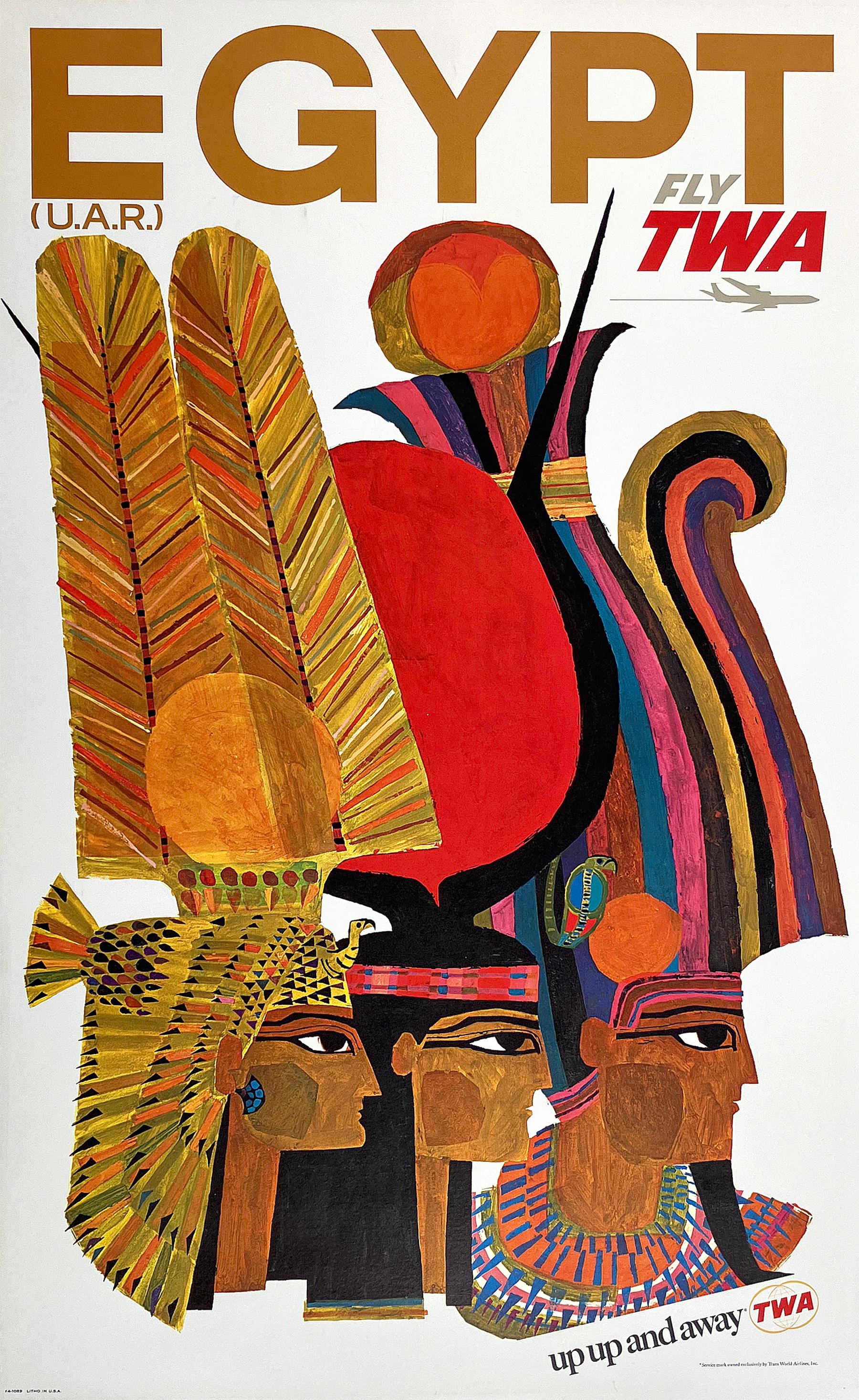 This Egypt poster was created circa 1960 by the gifted American artist David Klein (1918 -2005) for TWA. The image utilizes figures from ancient Egyptian mythology to highlight the deep history the country is known for. This poster is especially