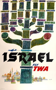 Original Vintaqe Fly TWA - Israel Menorah Poster- David Klein c1960
