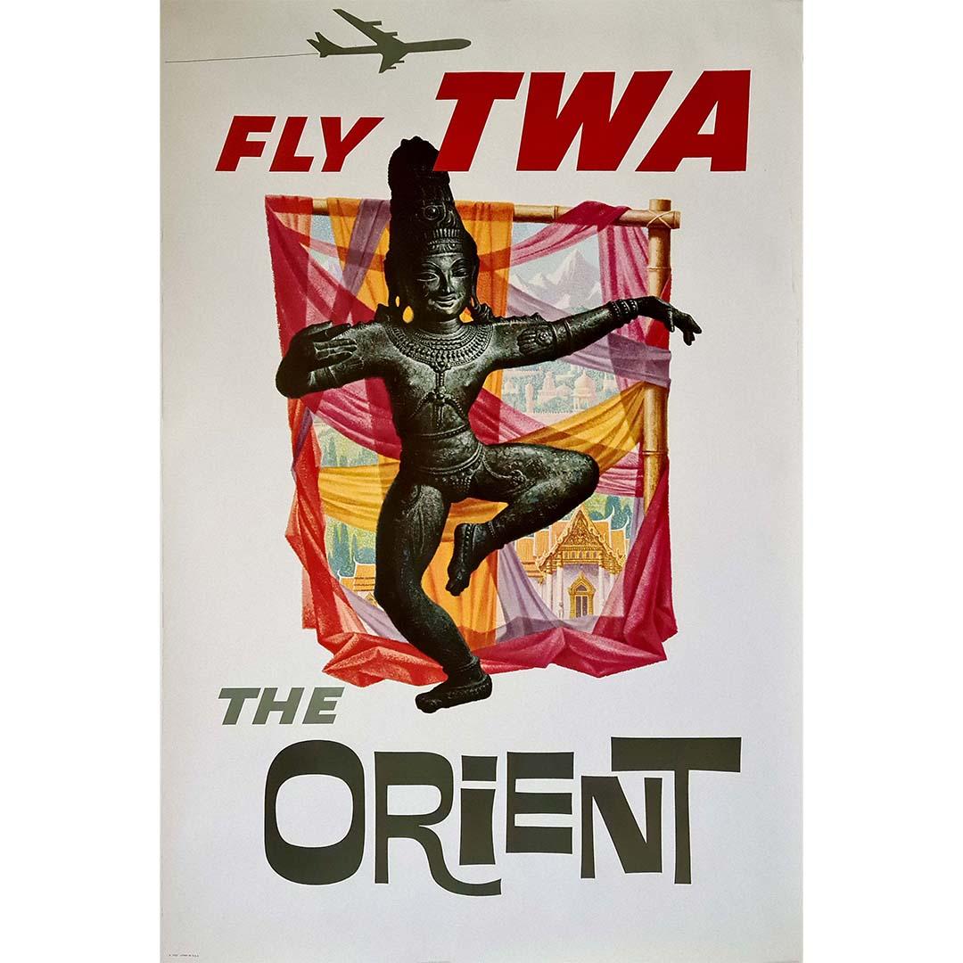 The circa 1960 original travel poster by David Klein titled "Fly TWA The Orient" epitomizes the golden age of air travel and the allure of exotic destinations. Created for Trans World Airlines (TWA), this poster captures the imagination with its