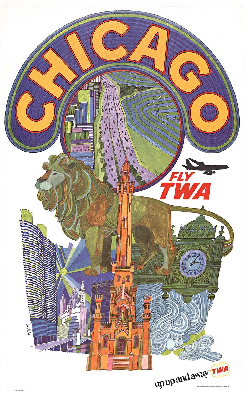 David Klein Print - Vintage Fly TWA  Trans World Airlines  Chicago original travel poster