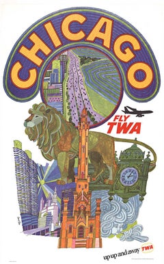 Vintage Fly TWA  Trans World Airlines  Chicago original travel poster