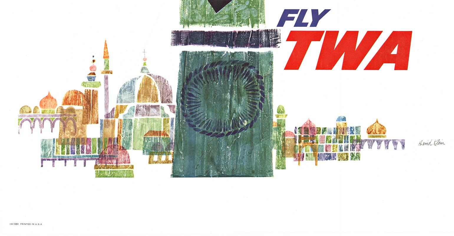 Vintage Original Israel Fly TWA  Trans World Airlines  travel poster - Gray Landscape Print by David Klein