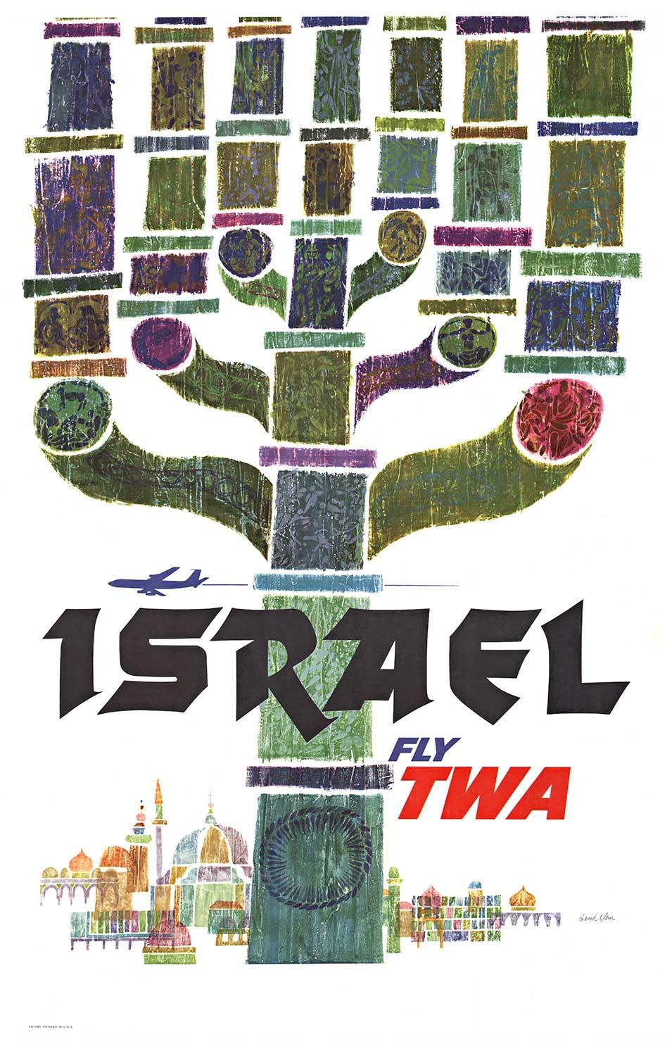 David Klein Landscape Print - Vintage Original Israel Fly TWA  Trans World Airlines  travel poster