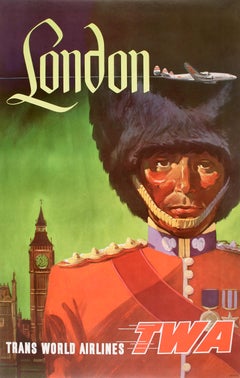 Poster TWA d'epoca C1954 per viaggi a Londra - Guardia Reale