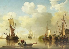 David Kleyne Dutch Painter, Oil Painting Seascape with Ships