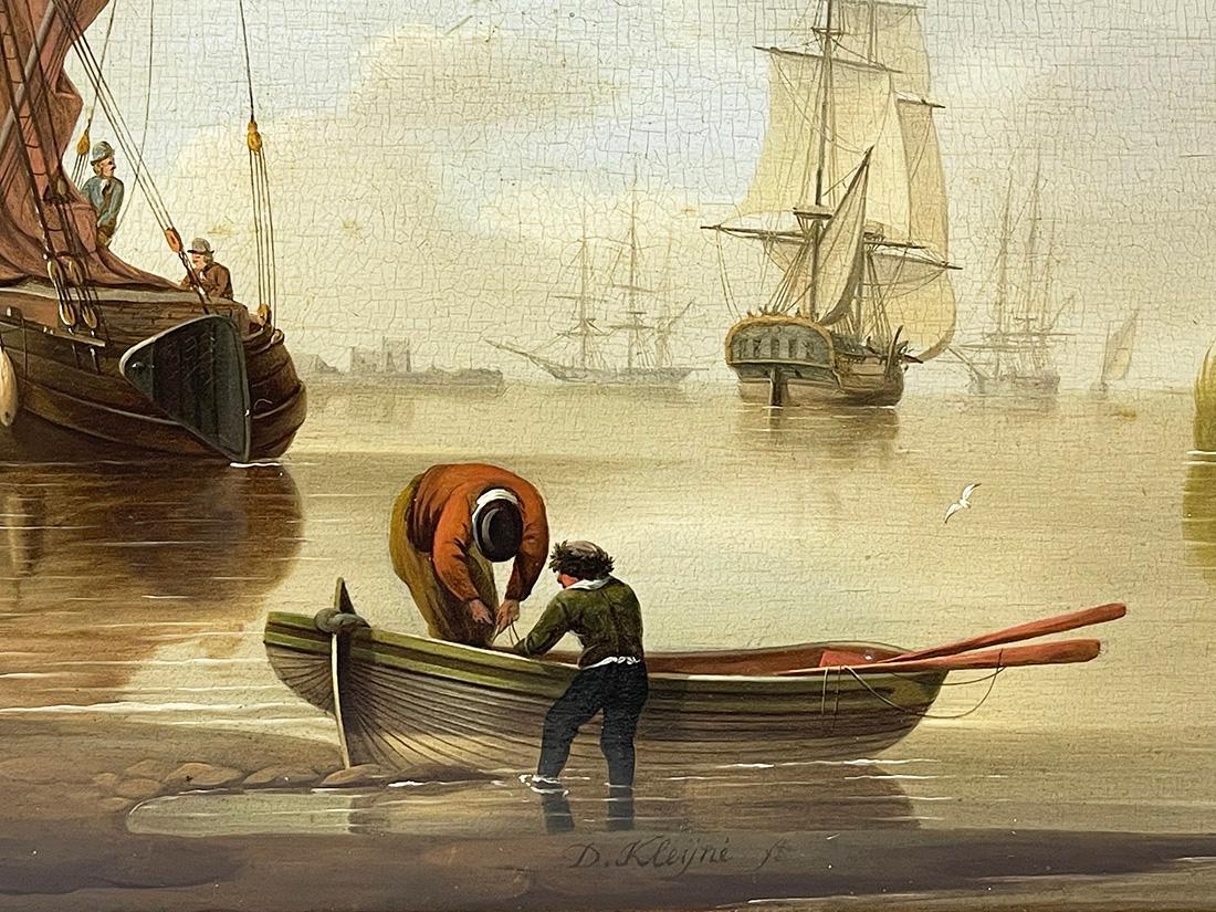 Oak David Kleyne Dutch Painter, Oil Painting Seascape with Ships For Sale