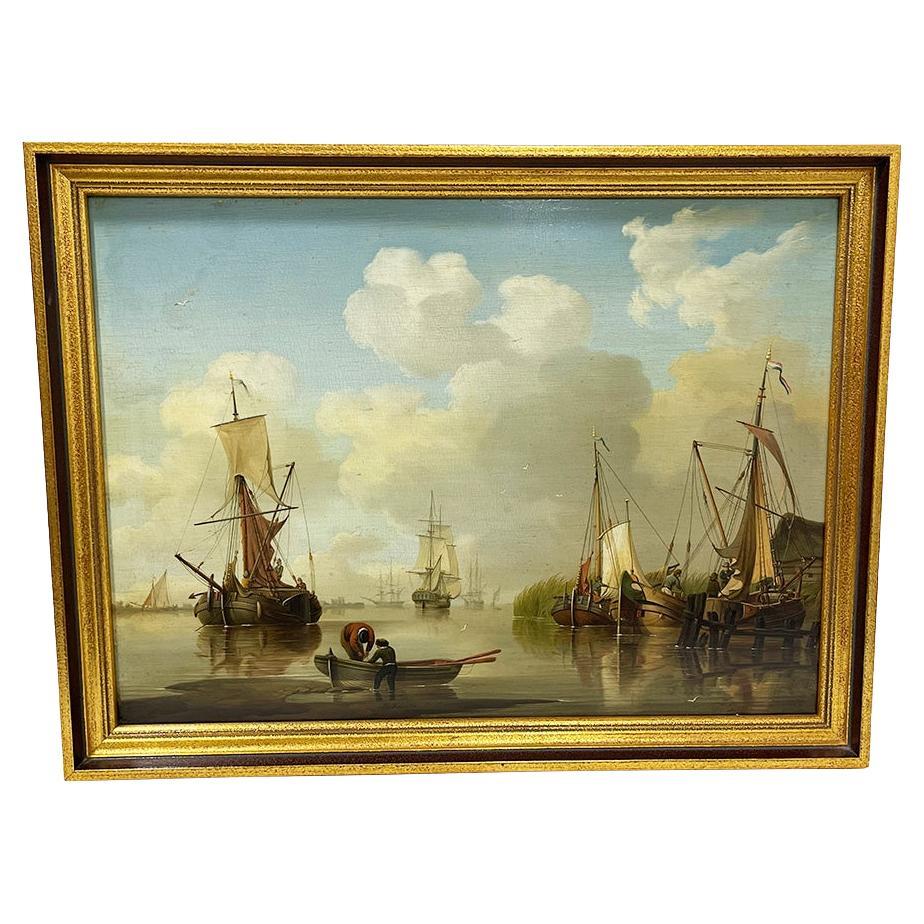 David Kleyne Dutch Painter, Oil Painting Seascape with Ships For Sale