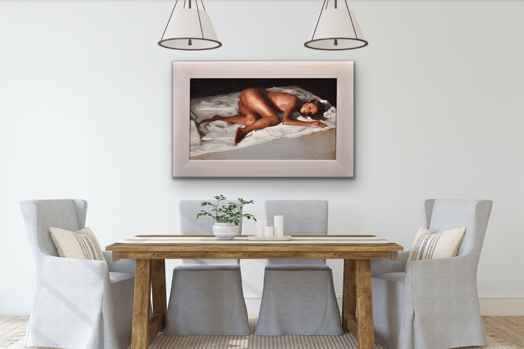 White Linen. Female Nude Reclined On Bed. Original Painting. Welsh Artist. For Sale 9