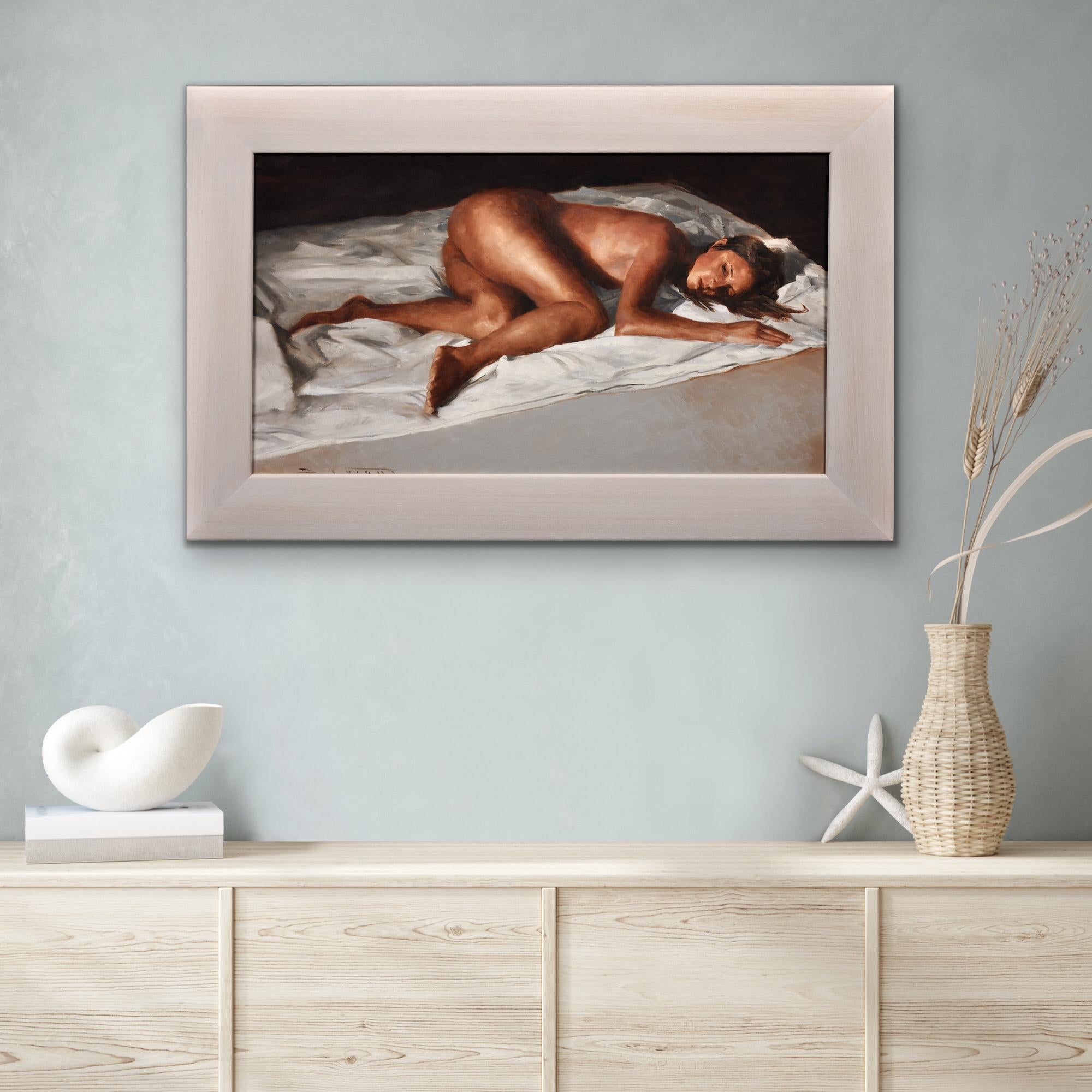 White Linen. Female Nude Reclined On Bed. Original Painting. Welsh Artist. For Sale 14