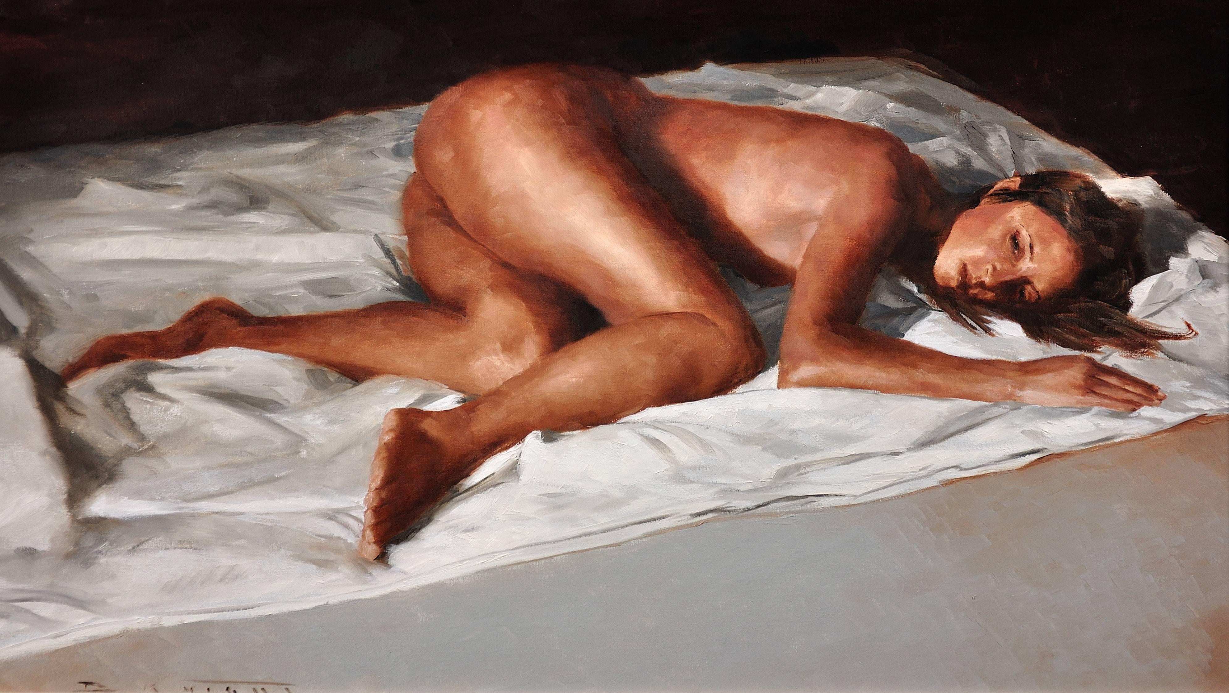 Lin blanc. Femme nue allongée sur le lit. Peinture originale. Artiste gallois. - Painting de David Knight