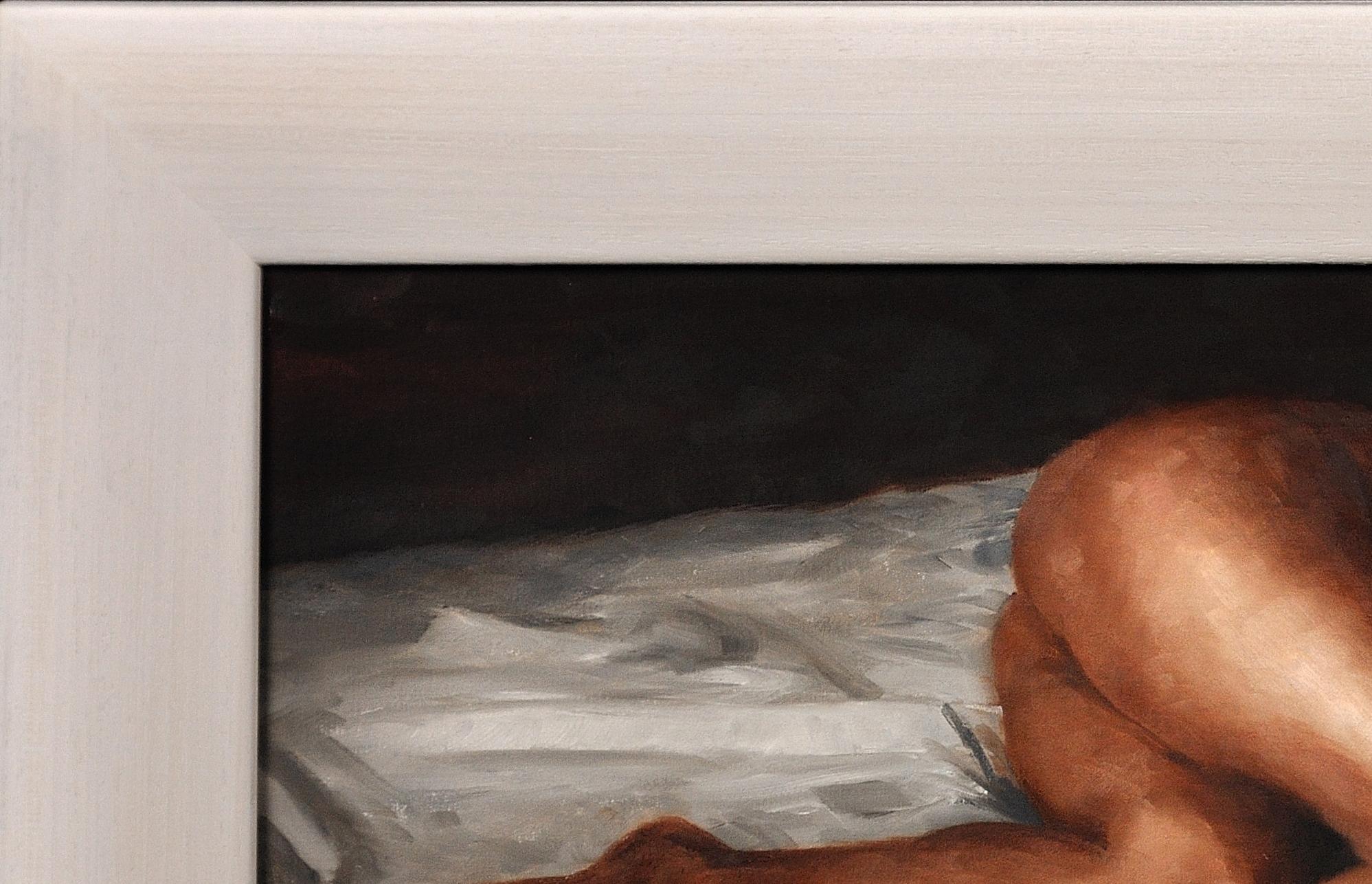 White Linen. Female Nude Reclined On Bed. Original Painting. Welsh Artist. For Sale 18