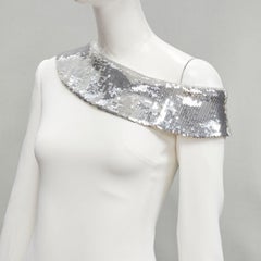 David KOMA 2019 Abito da passerella in paillettes argento con orlo smerlato UK6 XS