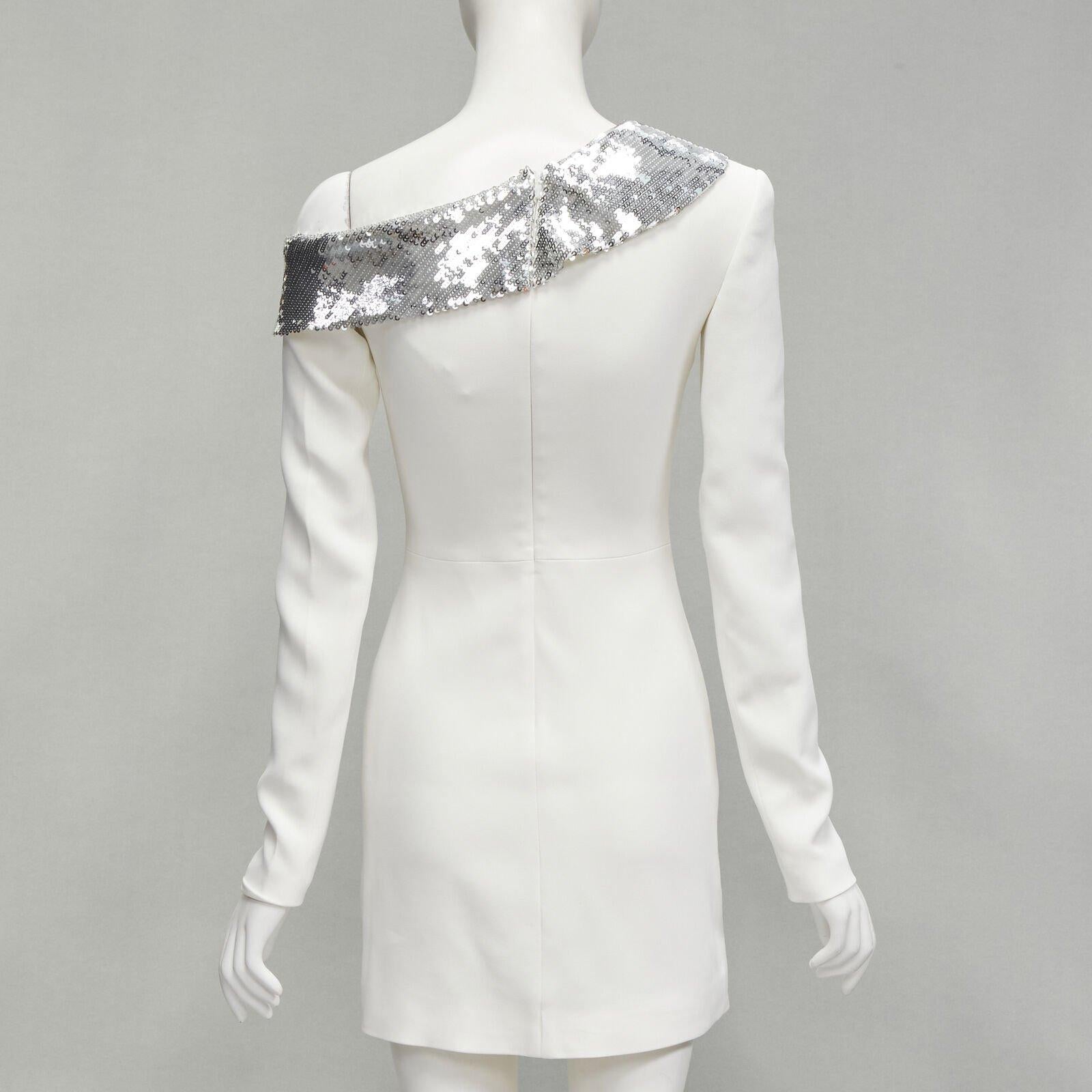 De las mujeres DAVID KOMA 2019 Pasarela lentejuelas plateadas off shoulder vestido dobladillo festoneado UK6 XS en venta