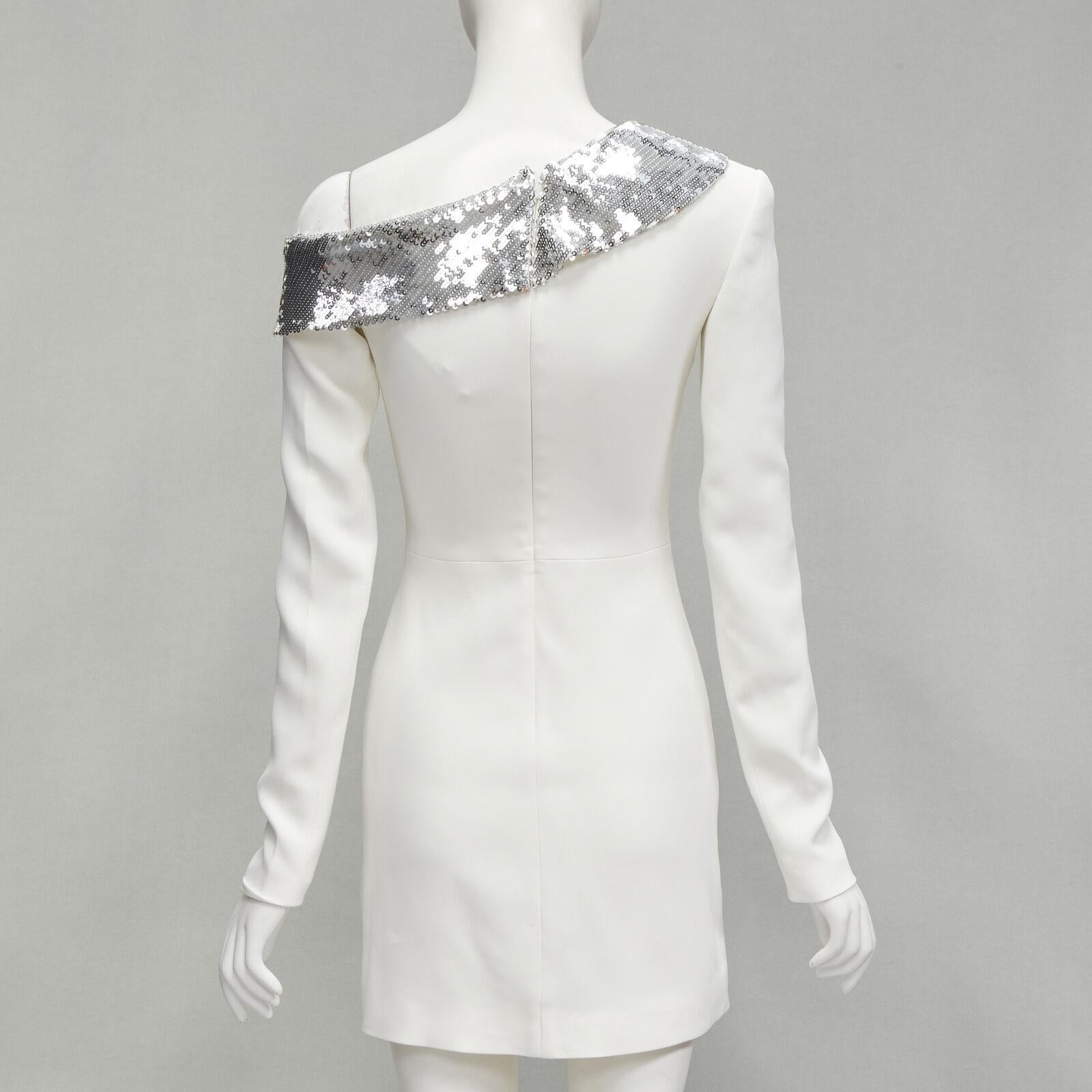 Women's DAVID KOMA 2019 Runway silver sequins off shoulder scalloped hem dress UK6 XS For Sale
