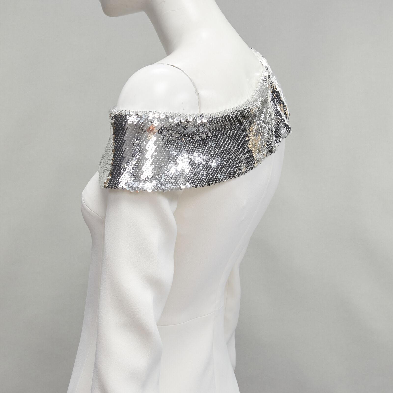 DAVID KOMA 2019 Runway silver sequins off shoulder scalloped hem dress UK6 XS For Sale 2