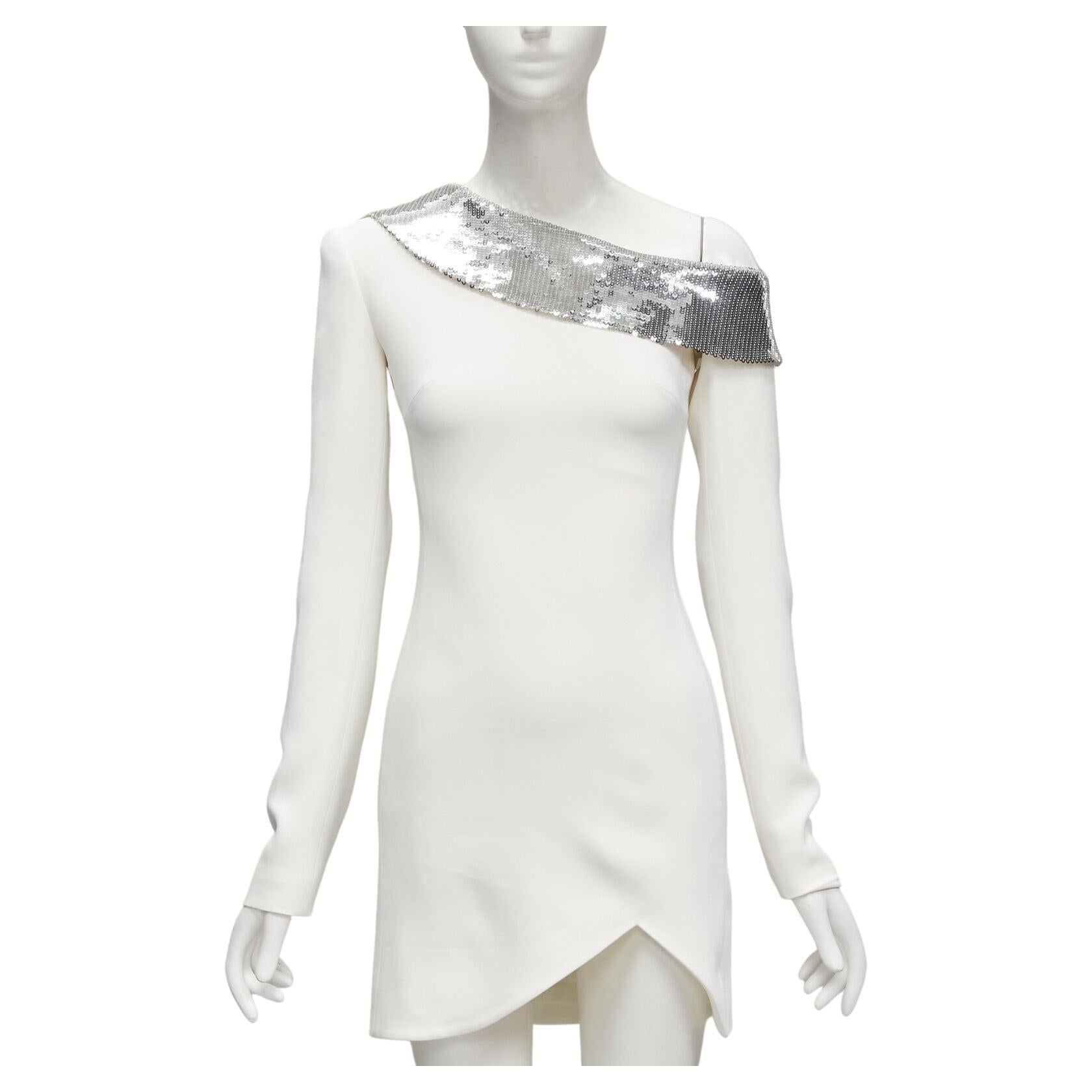 DAVID KOMA 2019 Runway silver sequins off shoulder scalloped hem dress UK6 XS For Sale