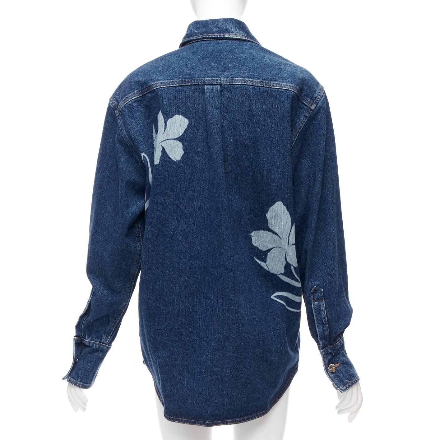 Women's DAVID KOMA 2022 blue organic cotton floral silver logo button shirt UK6 XS For Sale