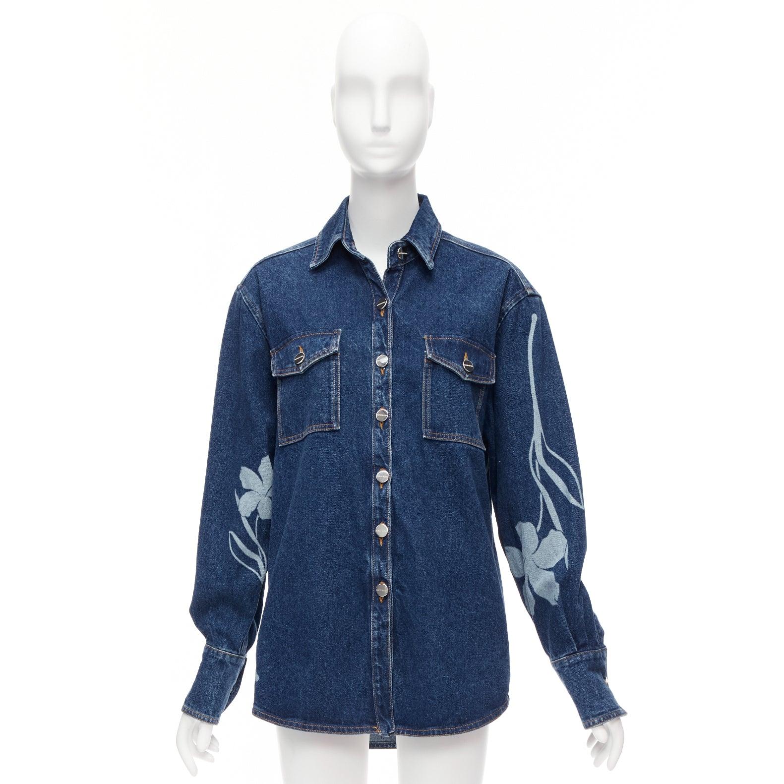 DAVID KOMA 2022 blue organic cotton floral silver logo button shirt UK6 XS For Sale 5