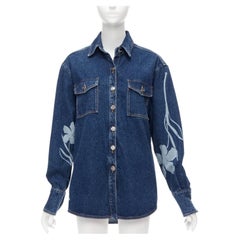 David KOMA 2022 camicia blu in cotone organico a fiori con logo argentato UK6 XS