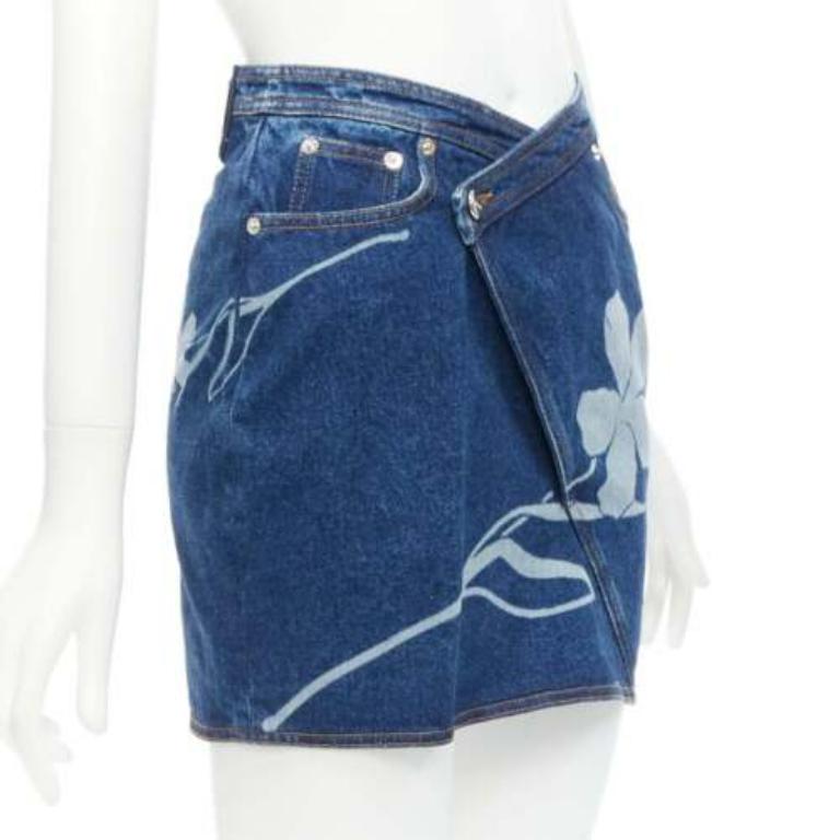 Blue DAVID KOMA 2022 blue organic cotton floral silver logo button skirt UK6 XS For Sale