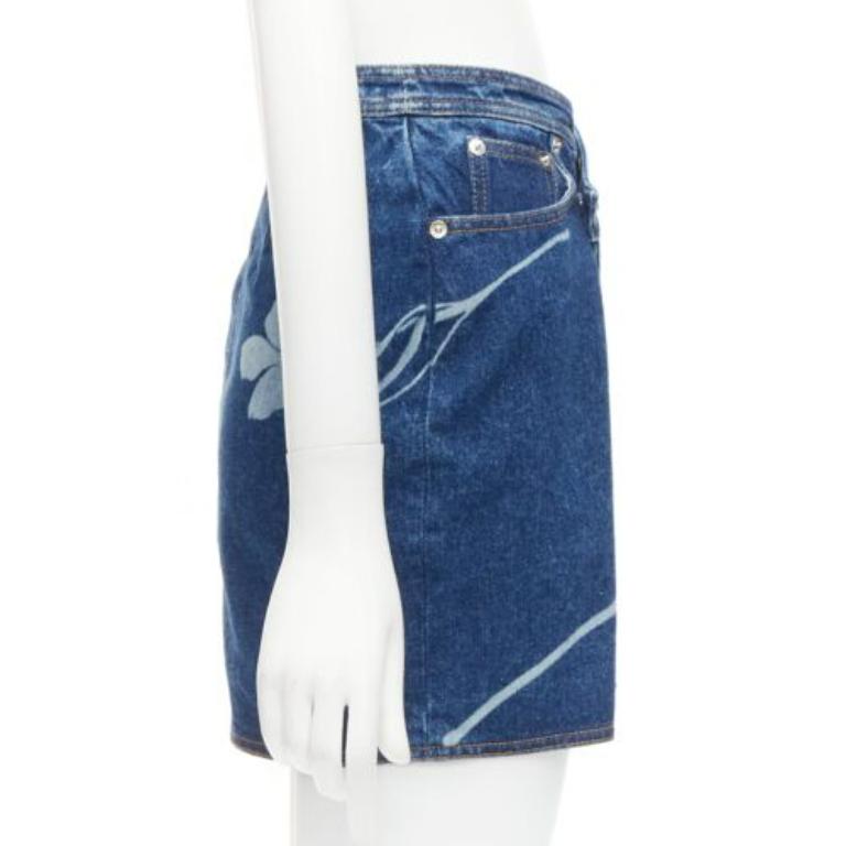 DAVID KOMA 2022 blue organic cotton floral silver logo button skirt UK6 XS In Excellent Condition For Sale In Hong Kong, NT