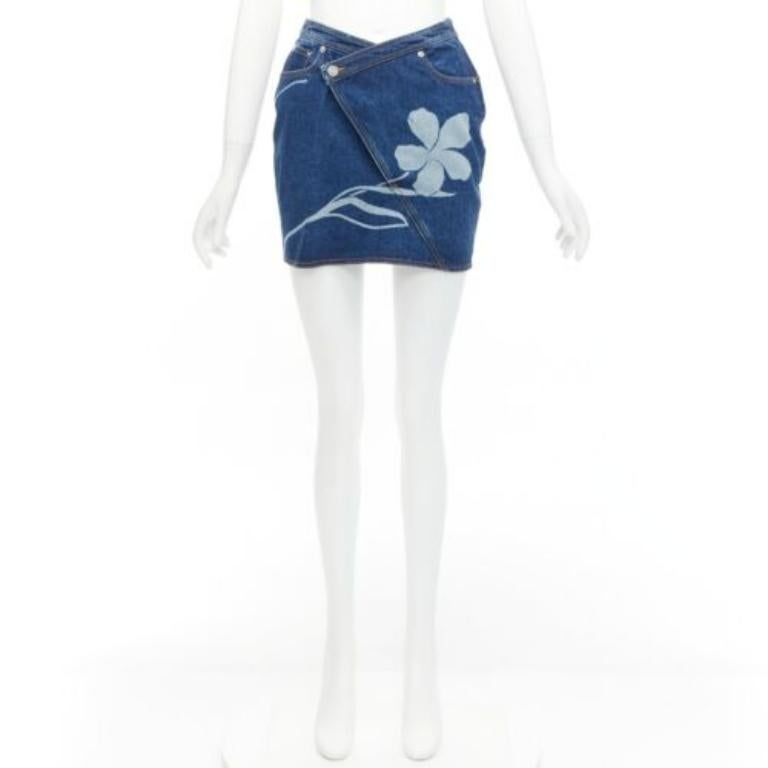 DAVID KOMA 2022 blue organic cotton floral silver logo button skirt UK6 XS For Sale 4