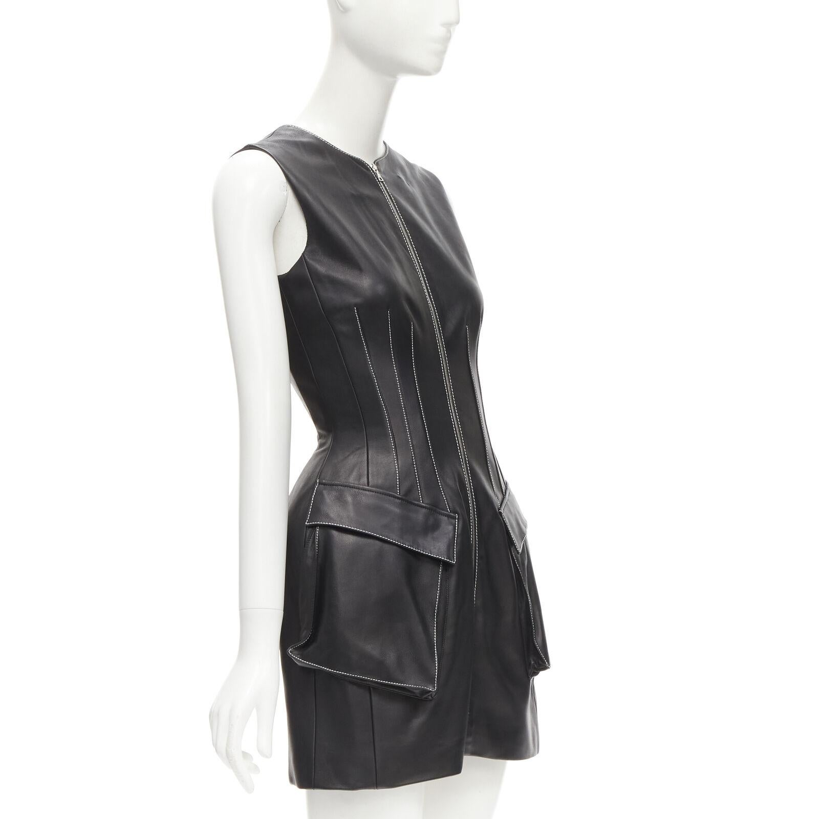 DAVID KOMA black lamb leather white overstitch padded hip dress UK6 XS In Excellent Condition For Sale In Hong Kong, NT