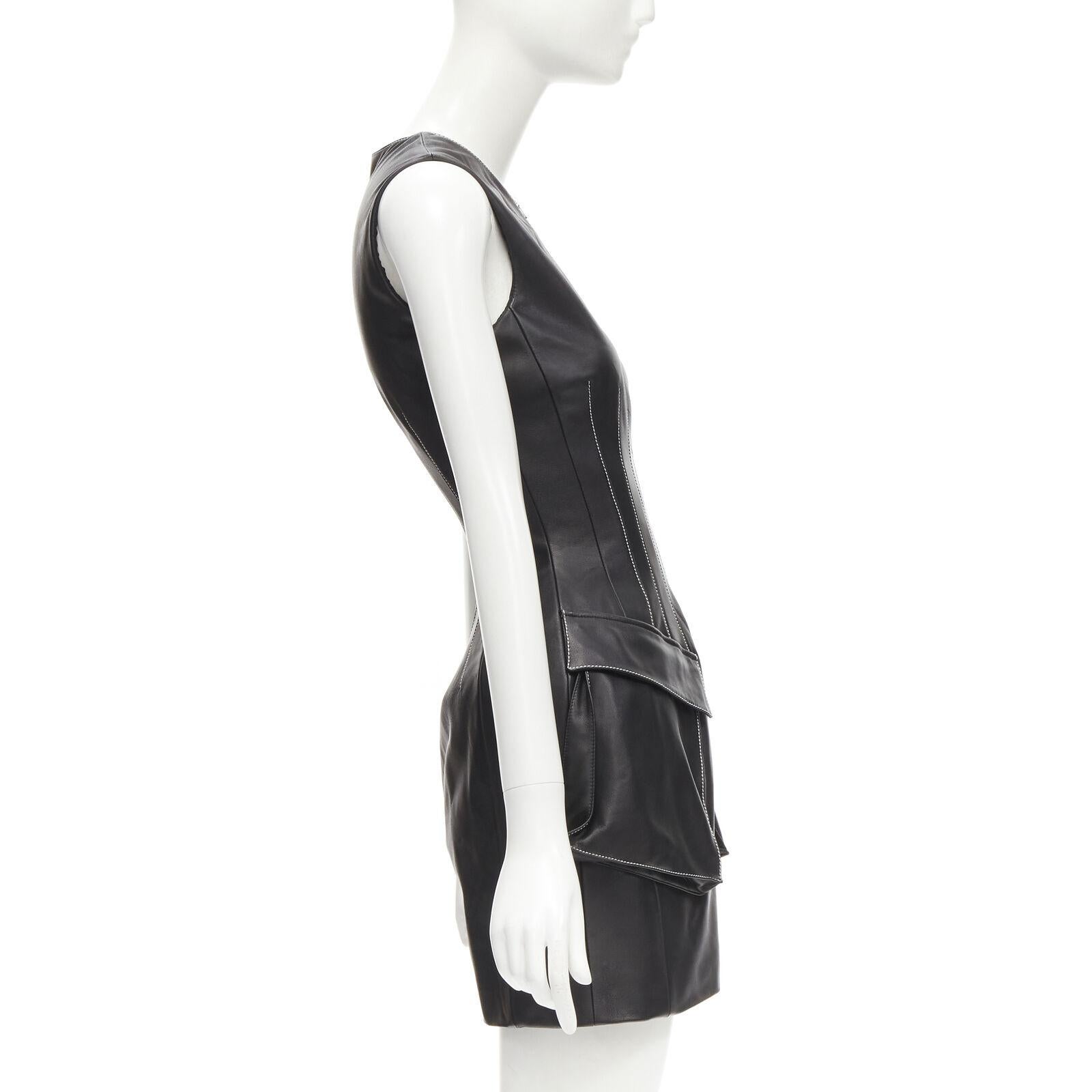 Women's DAVID KOMA black lamb leather white overstitch padded hip dress UK6 XS For Sale