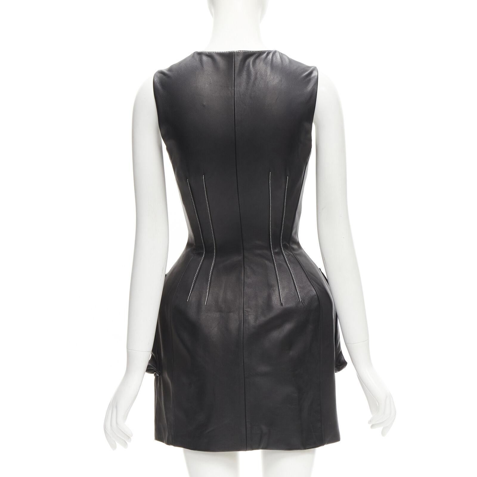 DAVID KOMA black lamb leather white overstitch padded hip dress UK6 XS For Sale 1