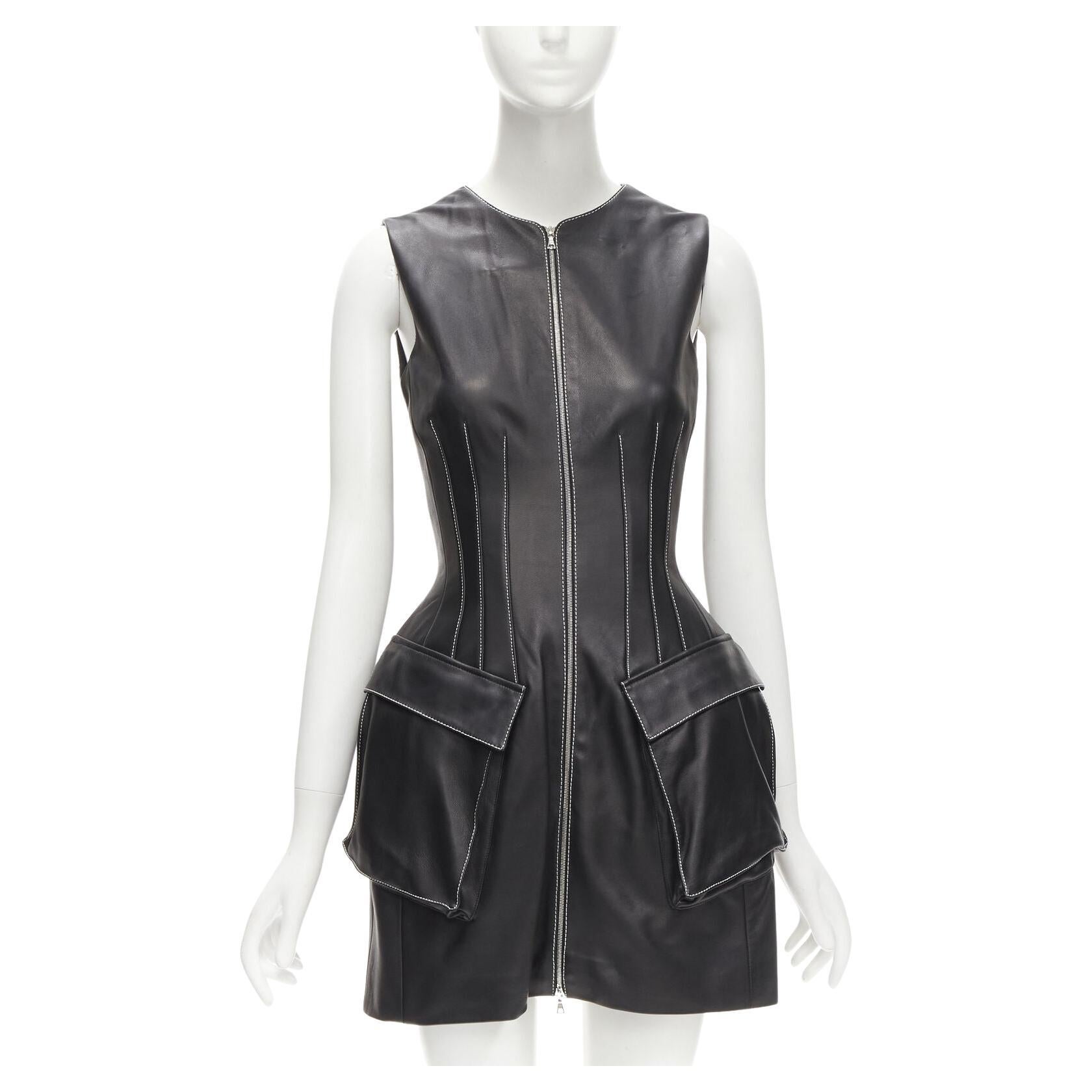 DAVID KOMA black lamb leather white overstitch padded hip dress UK6 XS For Sale