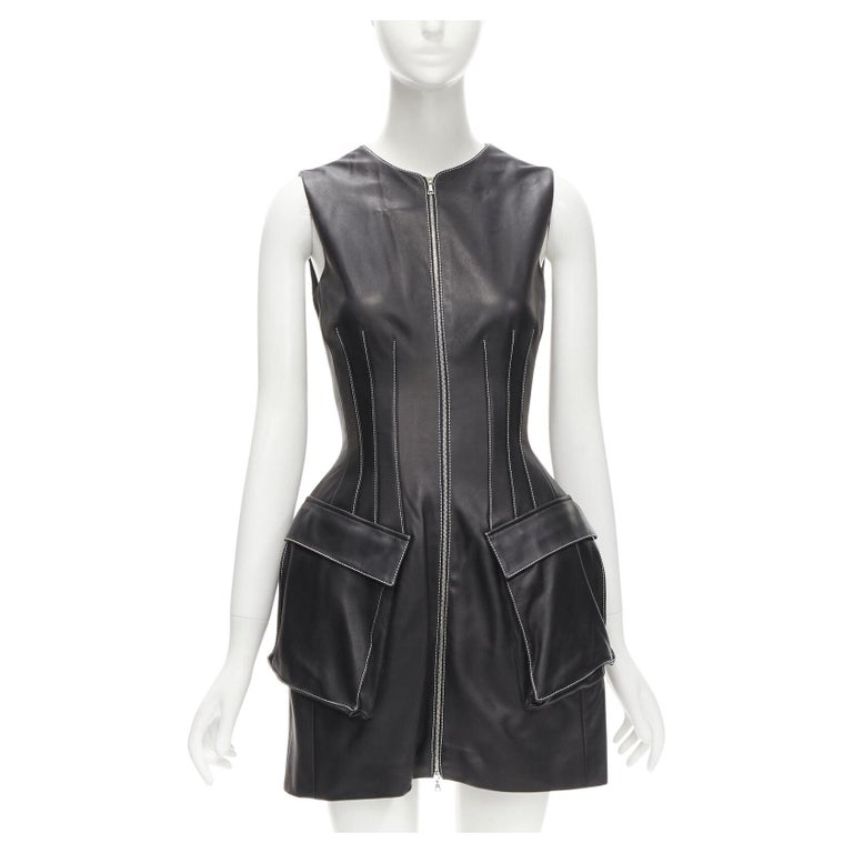 DAVID KOMA black lamb leather white overstitch padded hip dress UK6 XS at  1stDibs