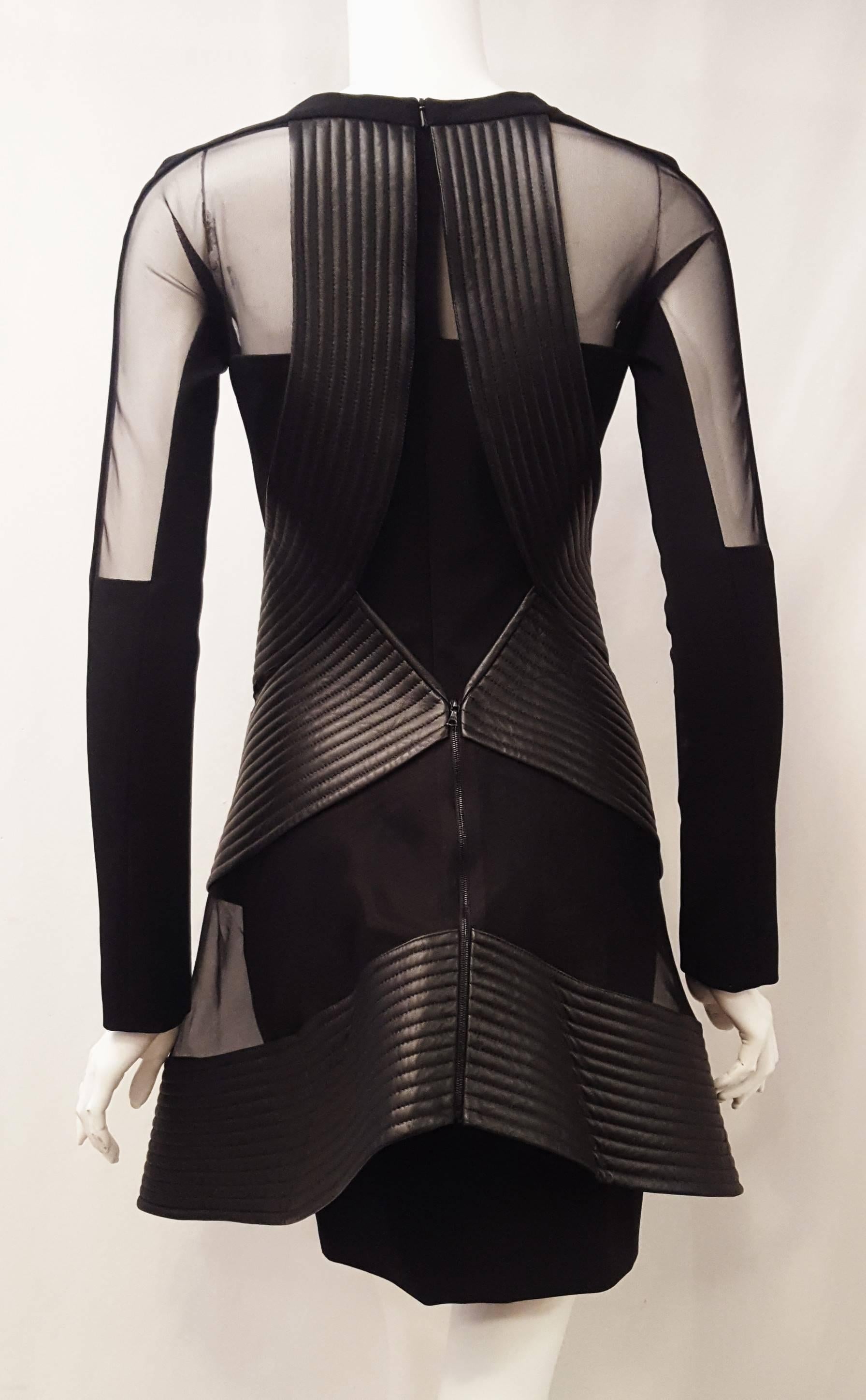 David Koma Black Silk & Lambskin Sheer Sleeve Layered Dress  In Excellent Condition For Sale In Palm Beach, FL