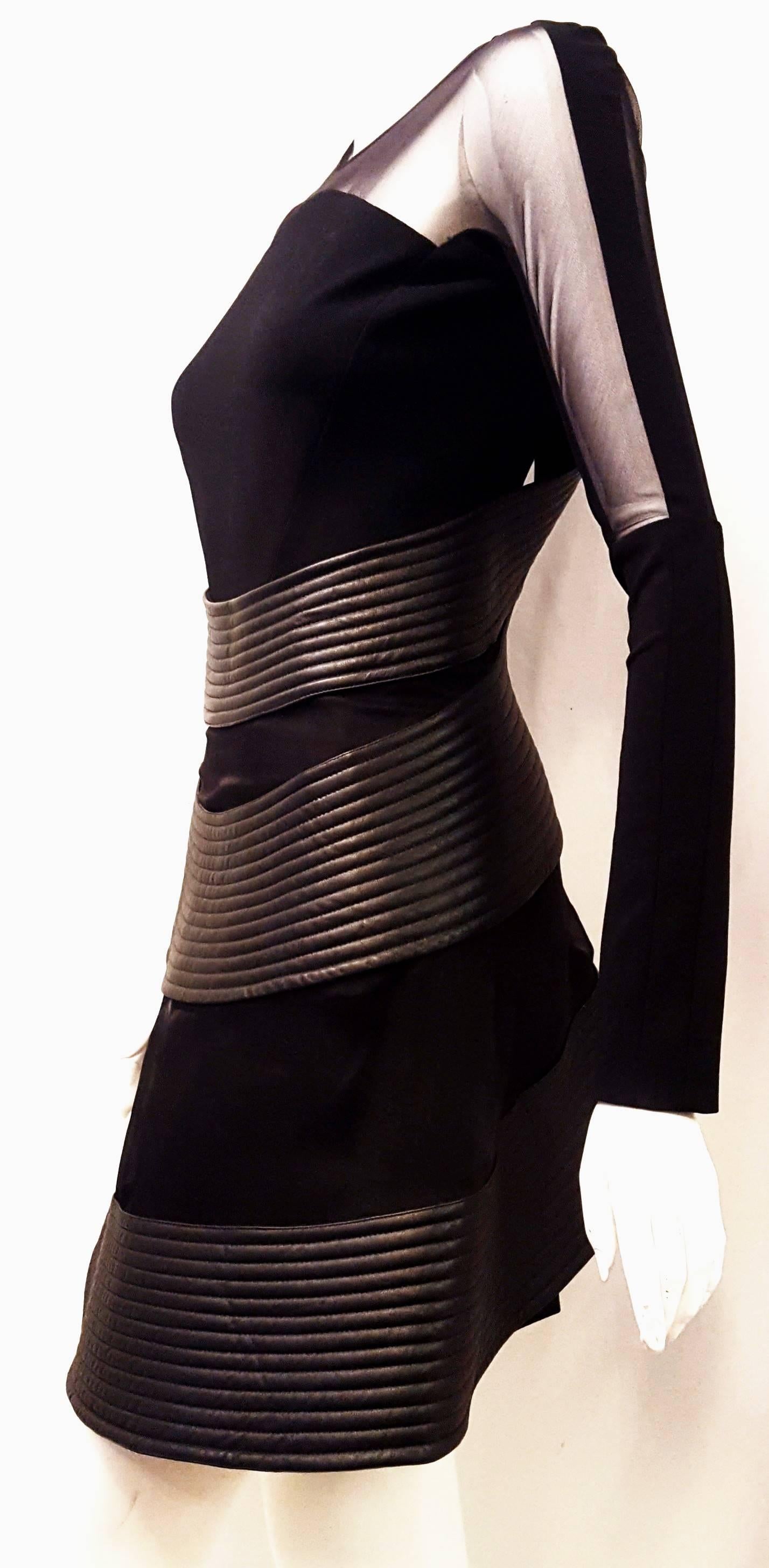 Women's David Koma Black Silk & Lambskin Sheer Sleeve Layered Dress  For Sale