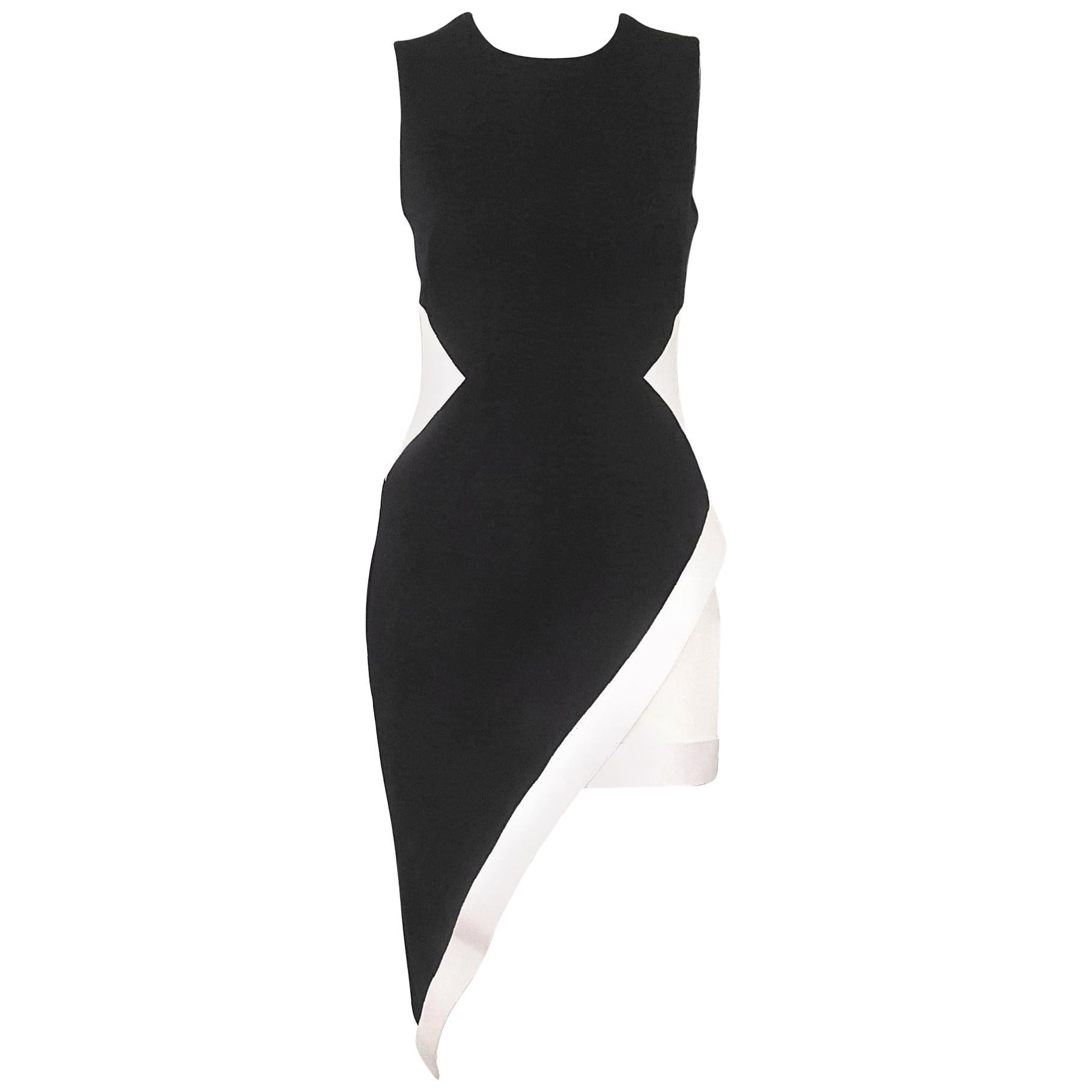 David Koma Black & White Asymmetric Leather & Viscose Dress 12 UK For Sale