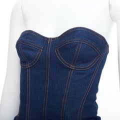 David Koma Corsetto Denim blu in cotone con cascata di lati mini abito UK6 XS