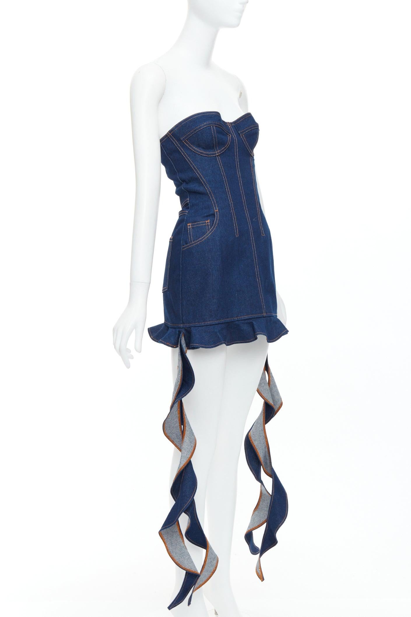 Gray DAVID KOMA Corset Denim blue cotton cascade sides mini dress UK6 XS For Sale