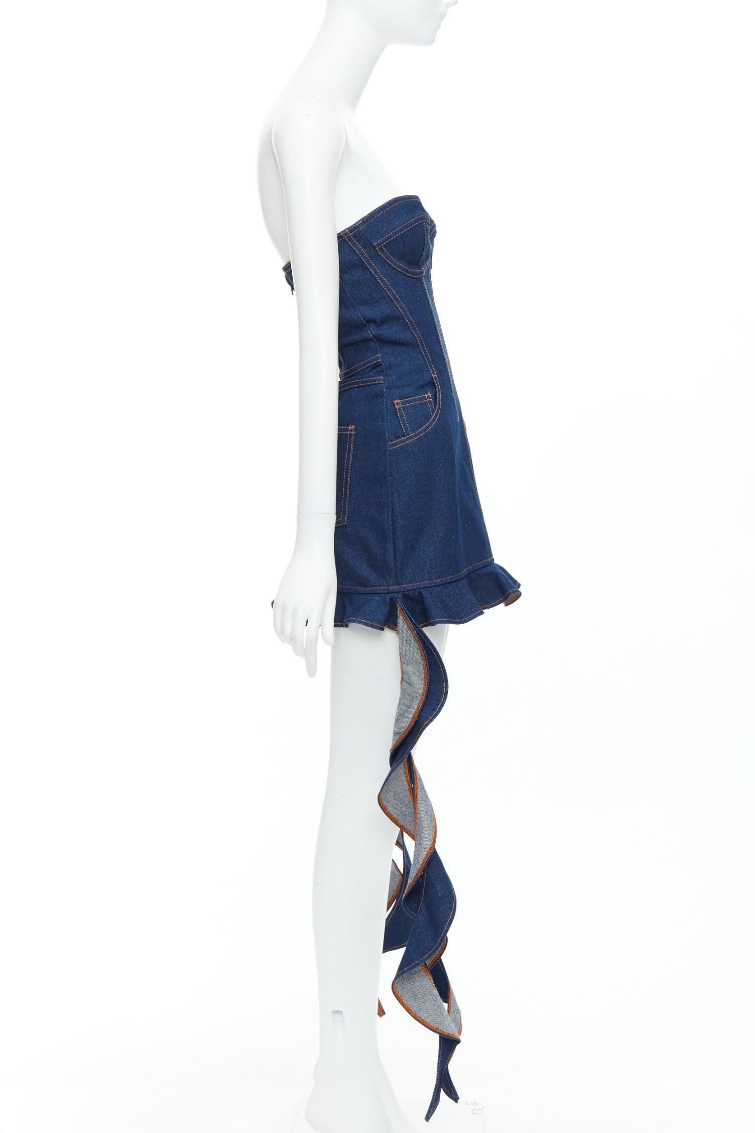 DAVID KOMA Corset Denim blue cotton cascade sides mini dress UK6 XS In Excellent Condition For Sale In Hong Kong, NT