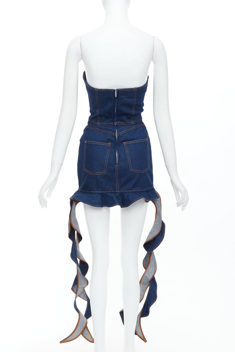 David Koma Corset Denim Blue Cotton Cascade Sides Mini Dress UK6 Xs