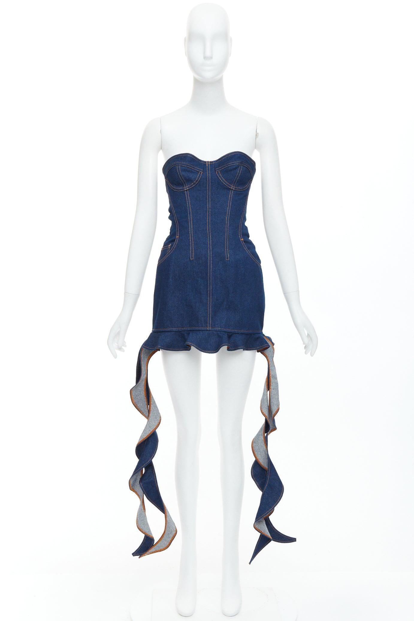 DAVID KOMA Corset Denim blue cotton cascade sides mini dress UK6 XS For Sale 4