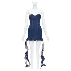 David Koma Corsetto Denim blu in cotone con cascata di lati mini abito UK6 XS