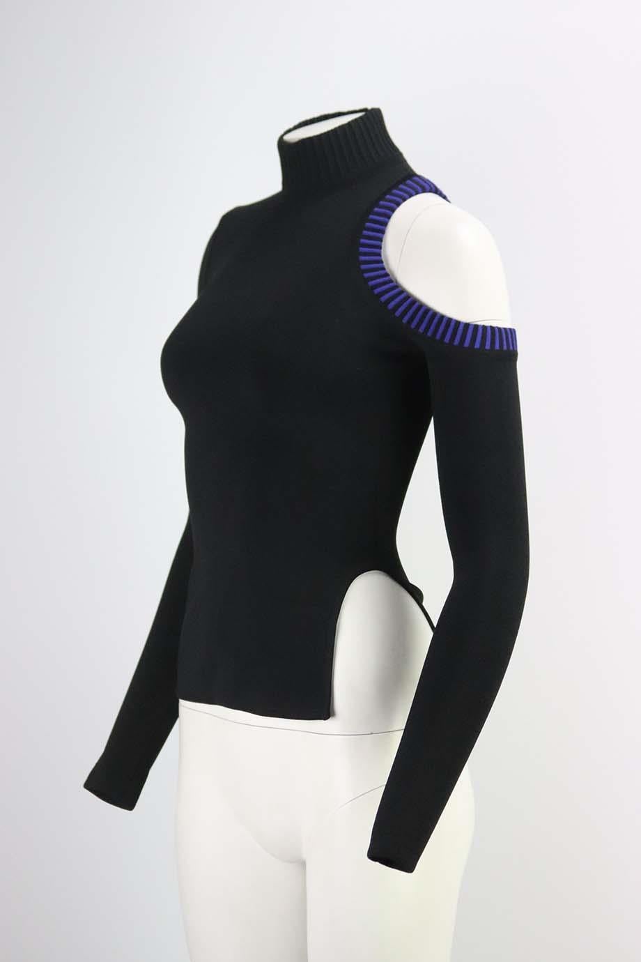 This top by David Koma is made from stretch-knit with alluring ribbed blue and black cutouts on the shoulder and slit at the hip. Black viscose-blend. Zip fastening at back. 84% Viscose, 16% polyester. Size: UK 8 (US 4, FR 36, IT 40). Bust measures