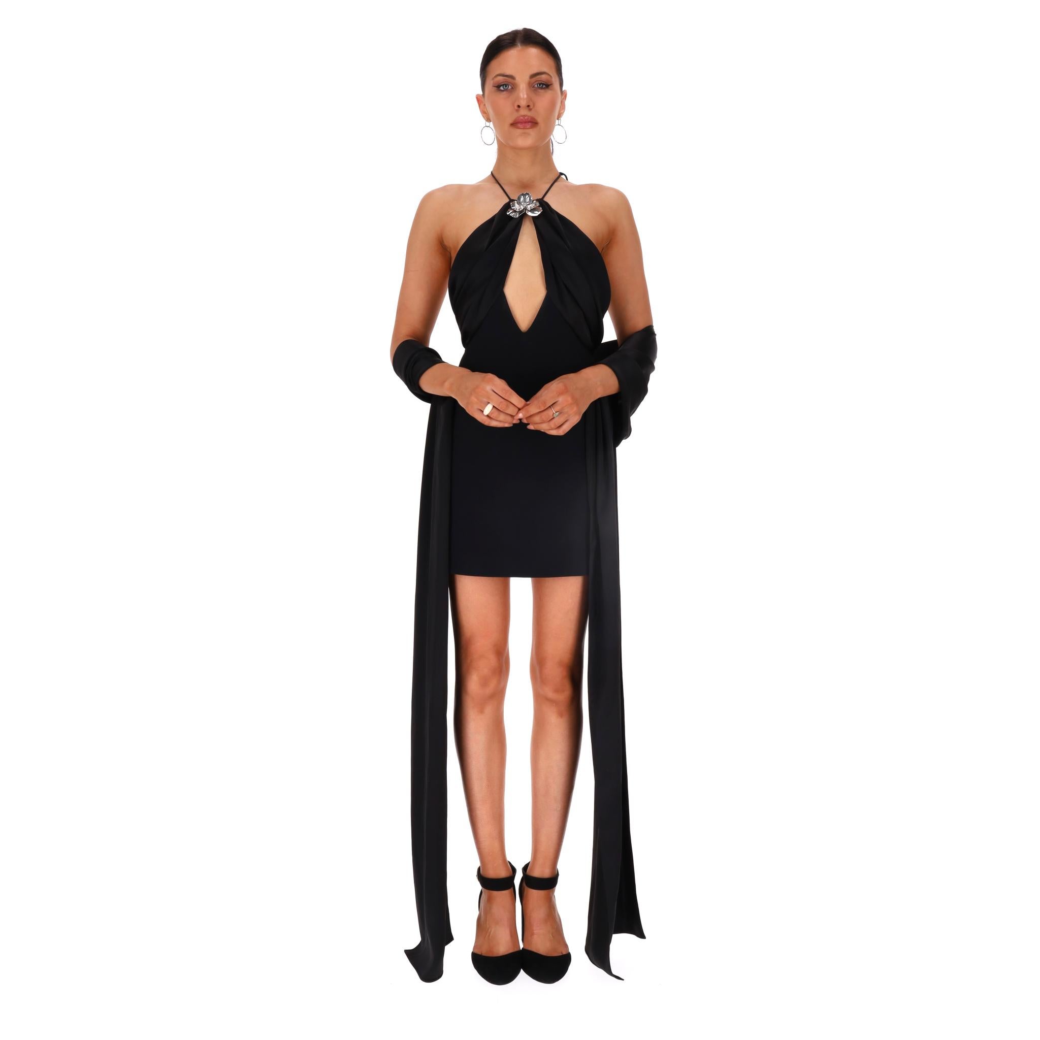 We Adore - David Koma Robe à col licou avec ornements et écharpes fluides

Mini robe de soirée noire conçue avec une silhouette dos nu et une encolure découpée en trou de serrure, détaillée avec une broche en forme de fleur argentée.

Les écharpes