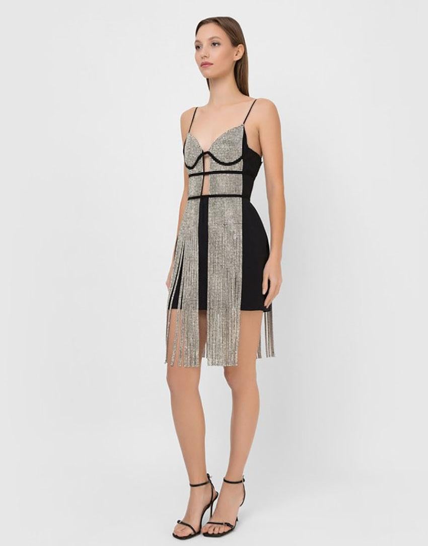 DAVID KOMA MINI DRESS WITH CRYSTALS AND FRINGE Size US 6 In New Condition In Montgomery, TX