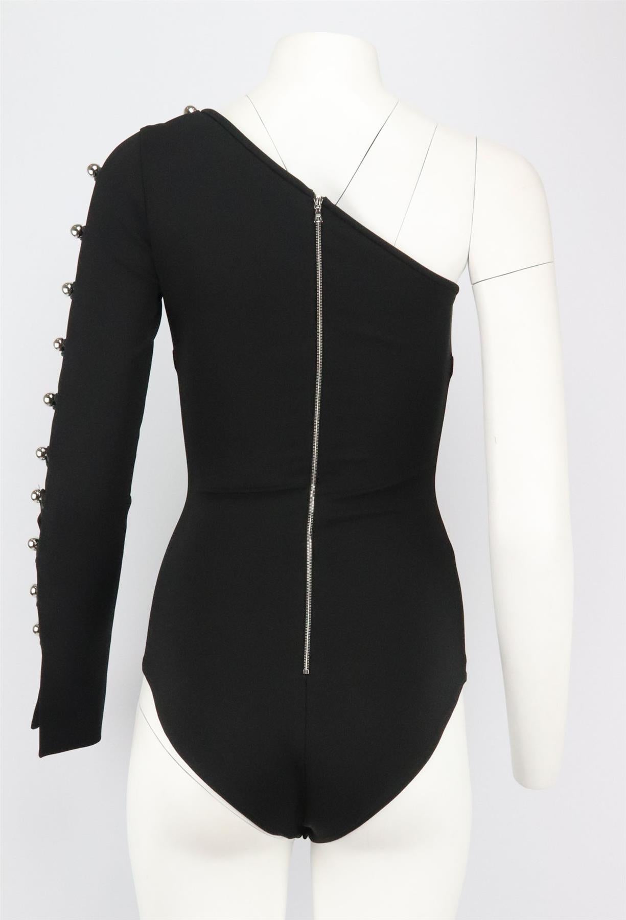 This bodysuit by David Koma will work as the foundation for so many outfits, cut from lightweight stretch-knit for a smooth finish beneath pants, it has a one-shoulder neckline with silver-tone embellishment down one arm. Black viscose-blend. Snap