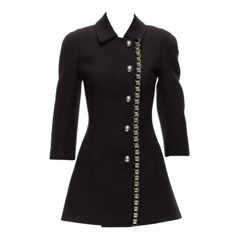 David Koma Runway Cady Chunky Chain Trim Black Fit Flare Coat Dress UK6 Xs