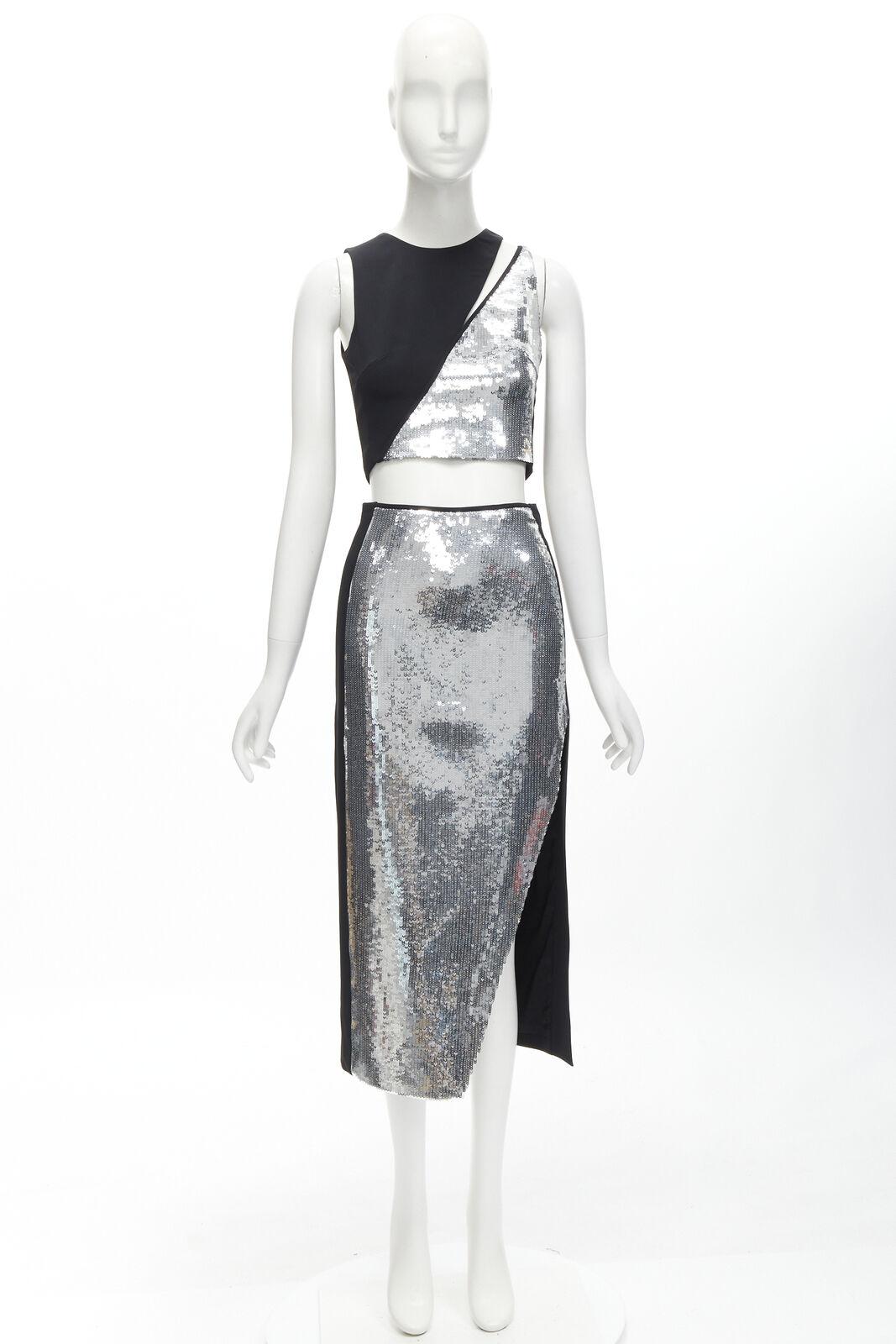 DAVID KOMA silver sequins midriff crop top asymmetric high slit skirt set UK6 XS For Sale 4