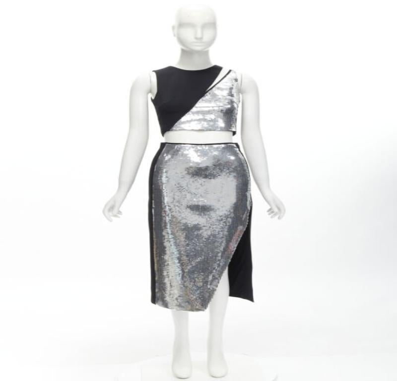 DAVID KOMA silver sequins midriff crop top asymmetric high slit skirt set UK6 XS For Sale 7