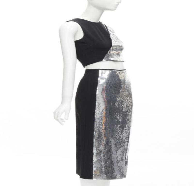 Silver DAVID KOMA silver sequins midriff crop top asymmetric high slit skirt set UK6 XS For Sale
